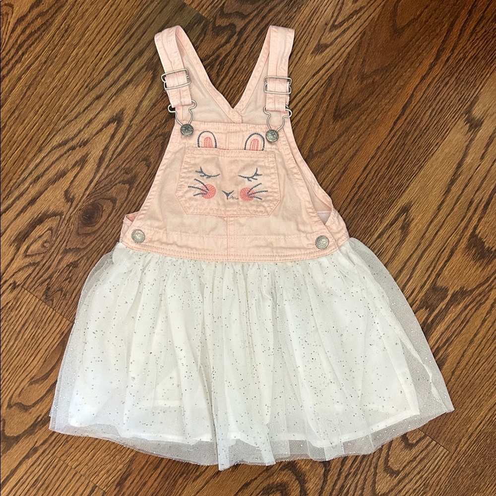 OshKosh B'gosh Bunny Pointelle Pink & White Kids Overall Dress, tulle skirt, 4T